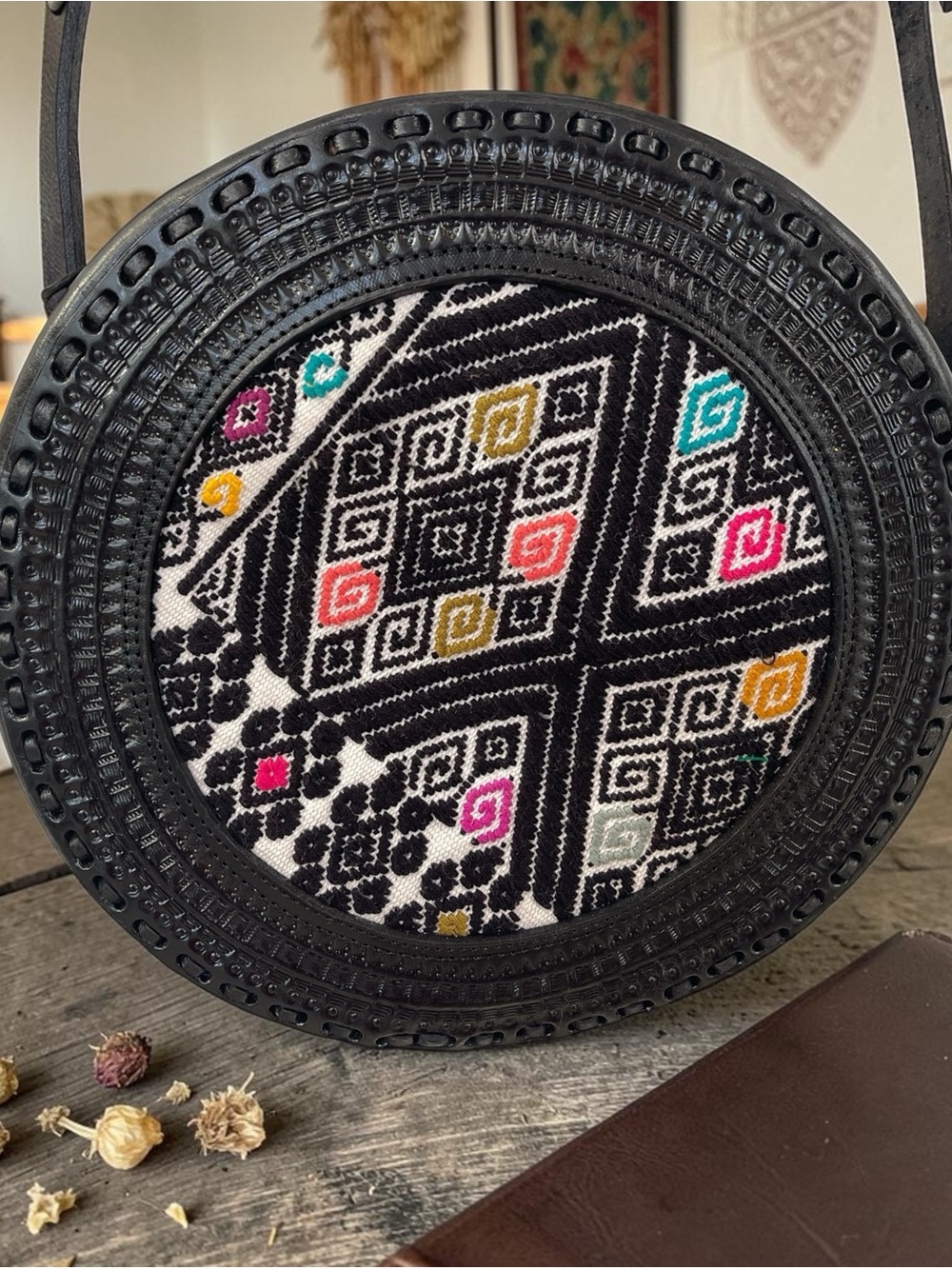 Leather Black Round Embroidered Crossbody Bag with Multicolor Accents